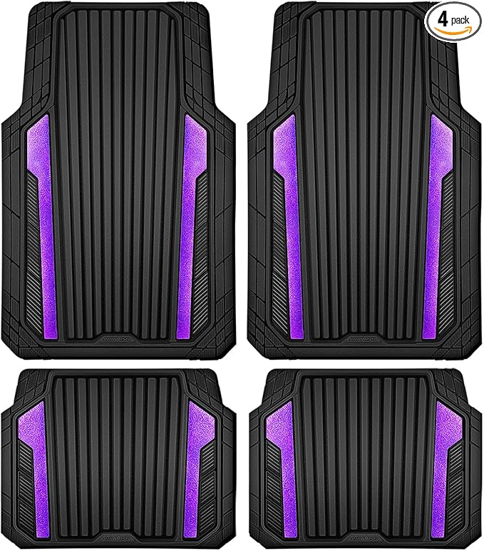 CAR PASS Heavy Duty Rubber Car Mats Metallic,Aluminum Film All Weather Floor Mats Waterproof Universal Trim to Fit SUVs Sedans Vans 4 Piece Anodized Deep Dish Two-Tone Sporty Black Purple Chrome