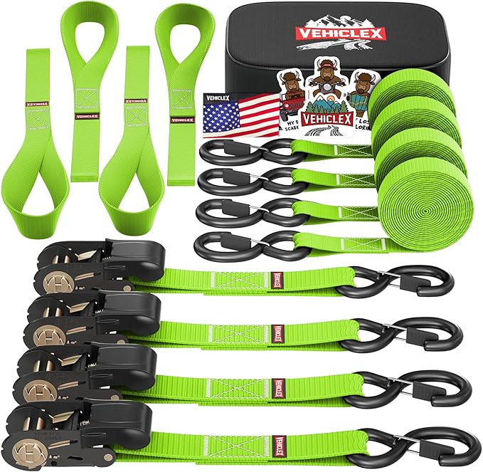 Ratchet Tie-Down Straps Set - (1" x 15', 2200lbs Breaking Strength) - Vehiclex Soft Loops, Coated S-Hooks, Storage Bag for ATV, Motorcycle, Bicycle, Kayak, Cargo Securing, Green