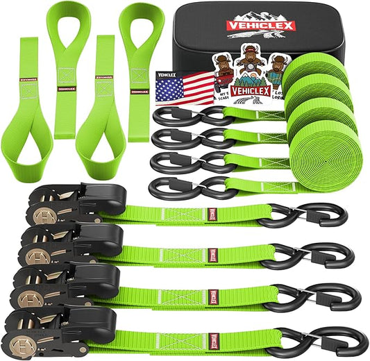 Ratchet Tie-Down Straps Set - (1" x 15', 2200lbs Breaking Strength) - Vehiclex Soft Loops, Coated S-Hooks, Storage Bag for ATV, Motorcycle, Bicycle, Kayak, Cargo Securing, Green