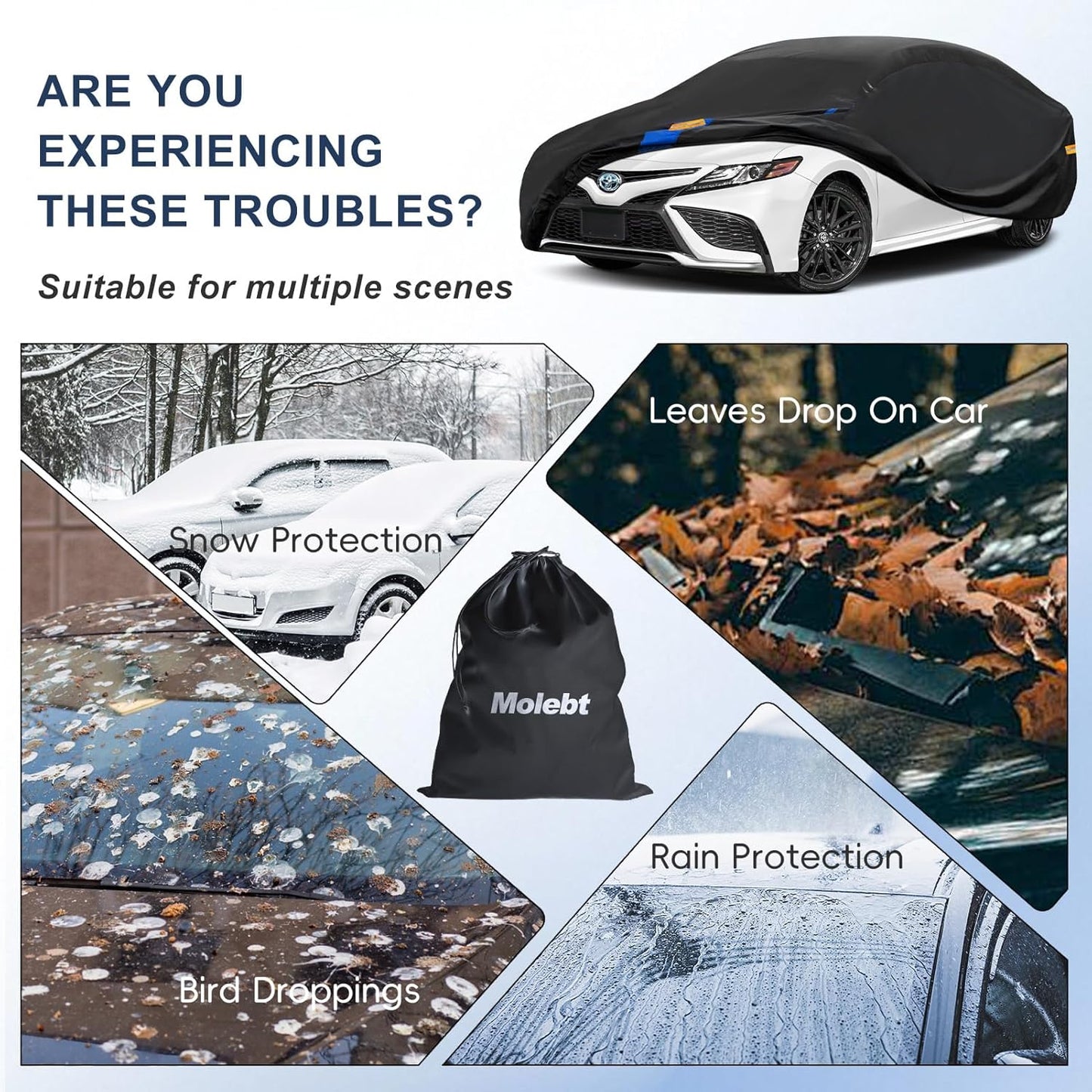 Car Cover Waterproof All Weather for Automobiles, Full Exterior Covers for Sedan & Coupe (179-185 inch) Universal Fit for Honda Civic, Nissan Altima, etc. Rain Winter Sun Snow Protection.