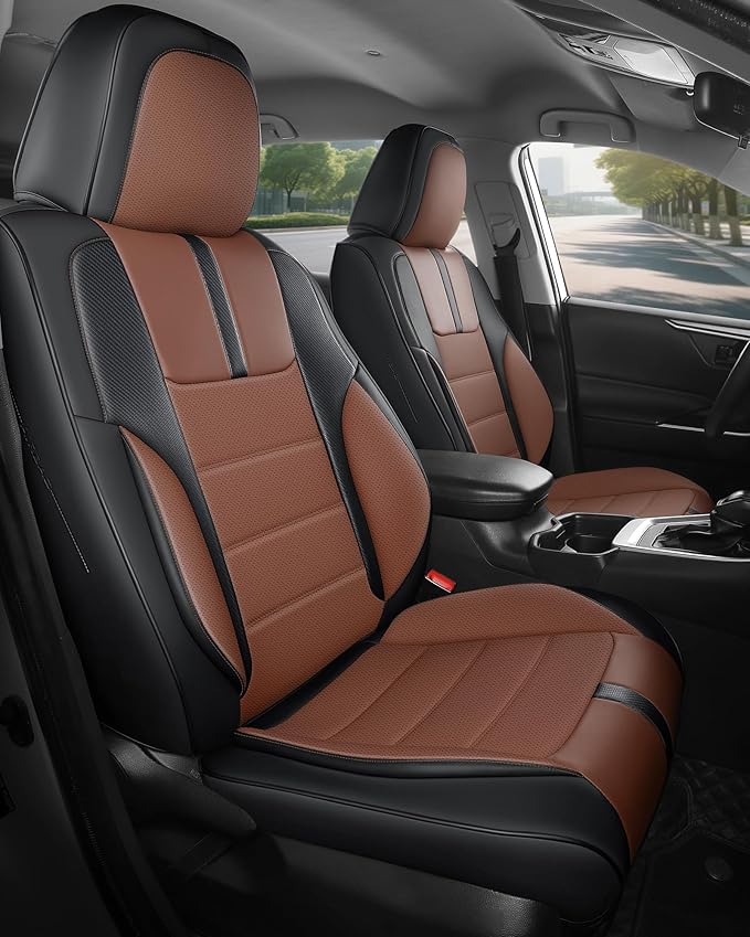FREESOO Black Brown Front Car Seat Covers - Faux Nappa Leather Seat Covers for Cars, with Carbon Fiber Texture Seatbelt Pads, Ultra Cushion Protectors Fit for Most Vehicles Sedans SUV Trucks Maverick
