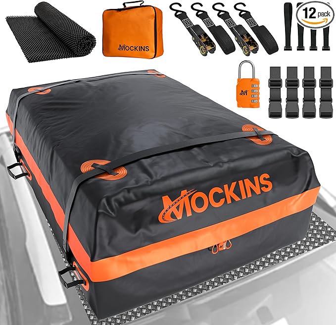 Mockins 30 Cu.Ft. All-Weather Rooftop Cargo Carrier Bag | 60"x43"x20" Soft-Shell Vinyl Car Top Carrier Without Roof Rack | Roof Cargo Bag for Top of Car, SUV, Truck & Large Vehicles w/Accessories