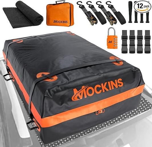 Mockins 30 Cu.Ft. All-Weather Rooftop Cargo Carrier Bag | 60"x43"x20" Soft-Shell Vinyl Car Top Carrier Without Roof Rack | Roof Cargo Bag for Top of Car, SUV, Truck & Large Vehicles w/Accessories