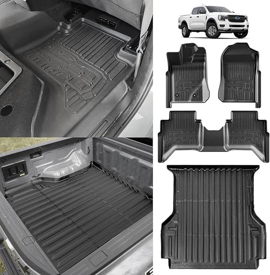 TripleAliners Truck Bed Mat & Floor Mats Front Rear Full Set Compatible with Ford Ranger 2024-2025 SuperCrew Accessories All Weather TPE Truck Liner Custom Fit (5FT Truck Bed Mat+Floor Mats)