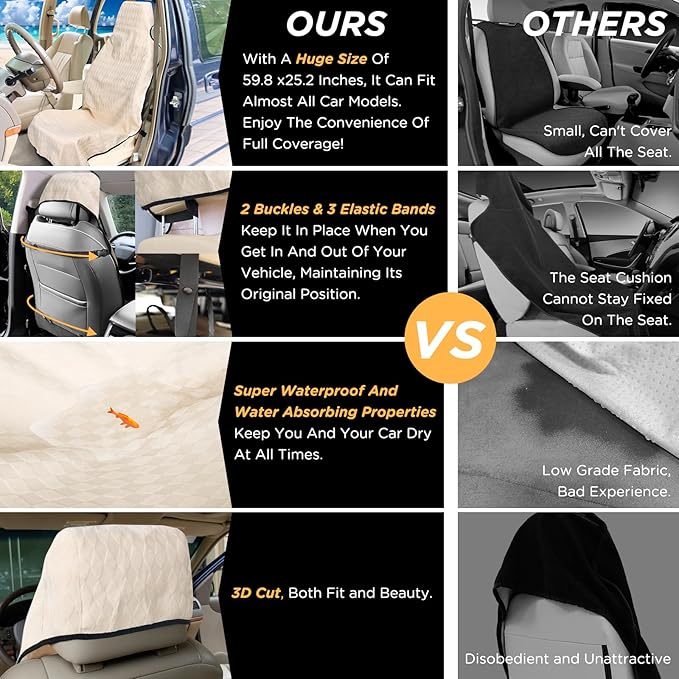 Waterproof Seat Cover Towel, Premium Sweat Carseat Protector, Perfect for Universal Anti-Slip Car Truck SUV Seat, Great for Surfing Yoga Gym Workout, Beige (Jacquard)
