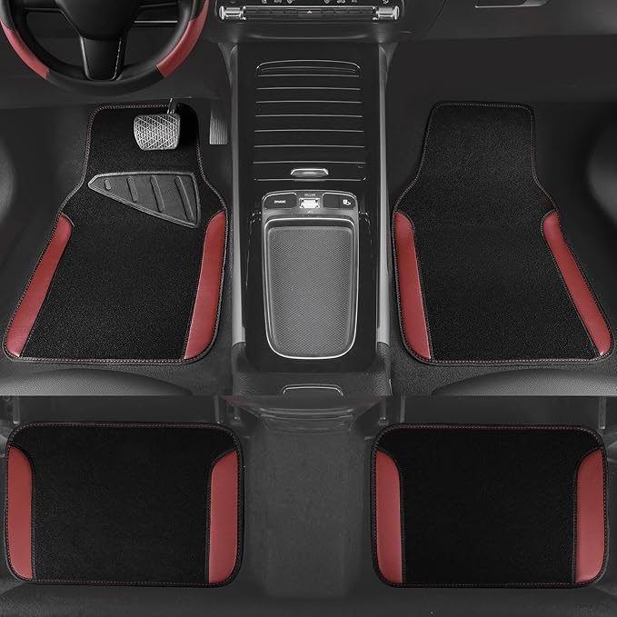 CAR PASS Faux Leather Steering Wheel Cover and Waterproof Car Floor Mats, Universal Car Combo Fit for 95% Sedan,SUV,Cars, 14.5-15inch Sporty Anti-Slip Safety Comfortable Design Burgundy