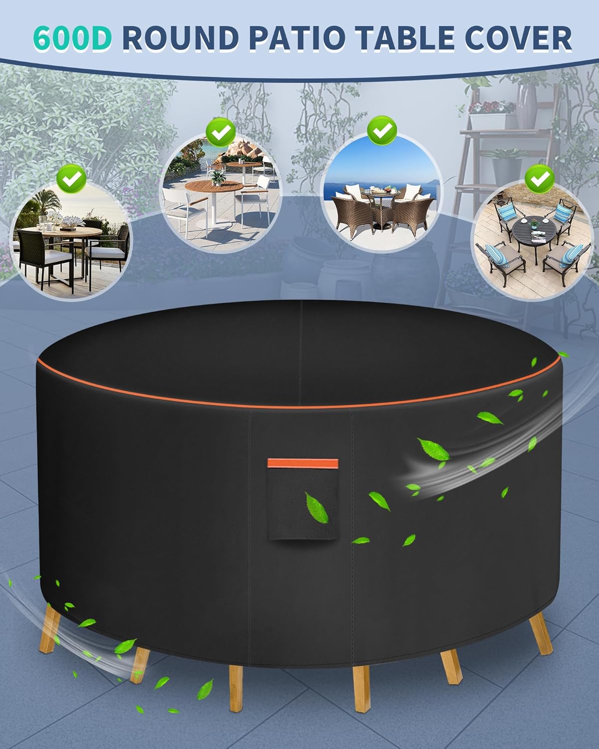 Round Patio Furniture Cover, 48 Inch Diameter Waterproof 600D Heavy Duty Table and Chair Set Protection Black