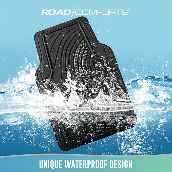 Road Comforts Car Floor Mats Full Set – Front & Rear Car Floor Mats with Aluminum Design, Anti-Slip Backing, All-Weather Protection, Trim-to-Fit Car Mats for Most Sedans, SUVs & Vans - Black