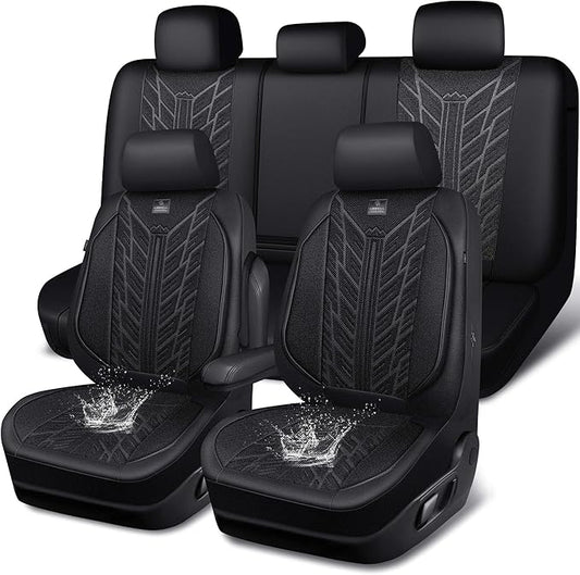 CAR PASS Leather Oxford Car Seat Covers Full Set,Waterproof Seat Cover for Truck,All Weather Non-Slip Durable Universal Fit for Extra Large Truck Car SUV Sedan Van Automotive,Black 3D Tyre Embossed
