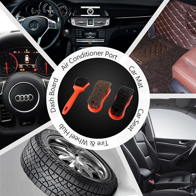 SPTA 3Pcs Car Detailing Brush Kit, Leather & Textile Interior Brush, Comfortable Grip and Scratch-Free Cleaning for Dashboard, Wheels, Seats, Foot Mats and Small Areas, Black