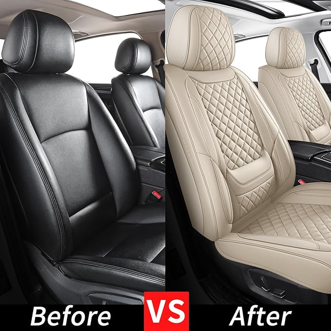 Leather Seat Covers for Cars Breathable Front Seat Covers Waterproof Seat Protectors Universal Fit for Most Automotive Cars SUV Trucks Van (Beige, Front Pair)