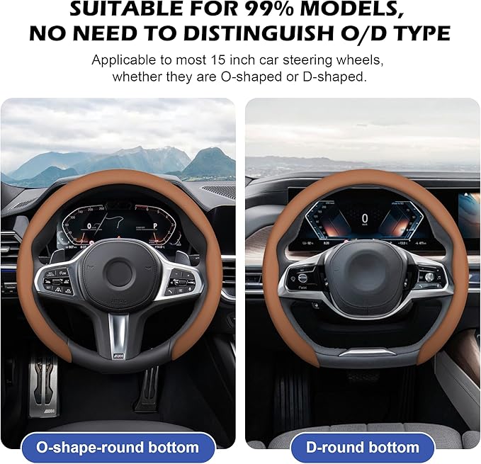 frani Nappa Leather Steering Wheel Cover, Universal 15 Inch Premium Non-Slip Steering Wheel Cover Camel Brown