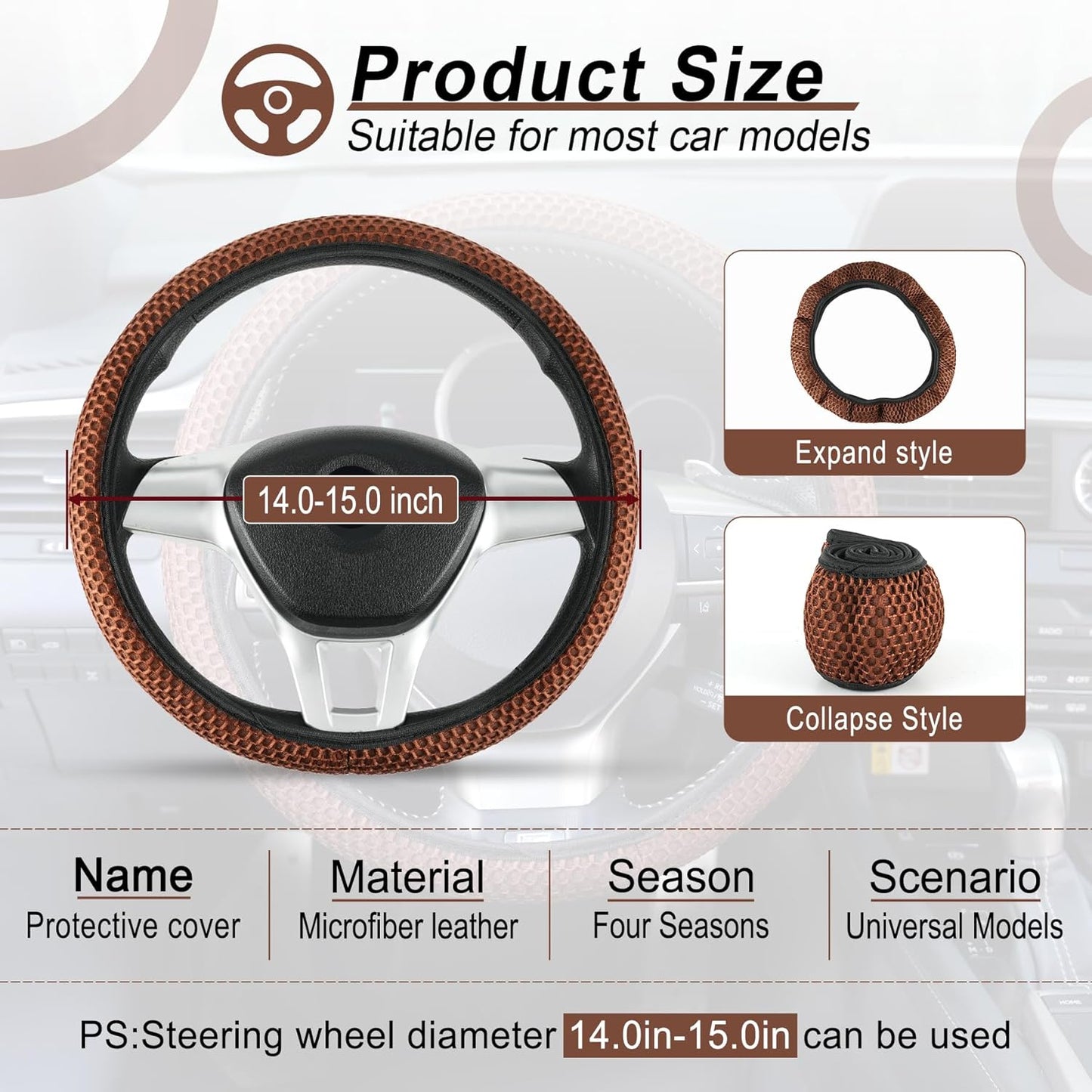 alpmosn Elastic Stretch Steering Wheel Cover, Breathable Microfiber Ice Silk, Anti-Slip, Easy Carry, Universal Interior Accessories Steering Wheel Cover for Women & Men (Brown-Black)
