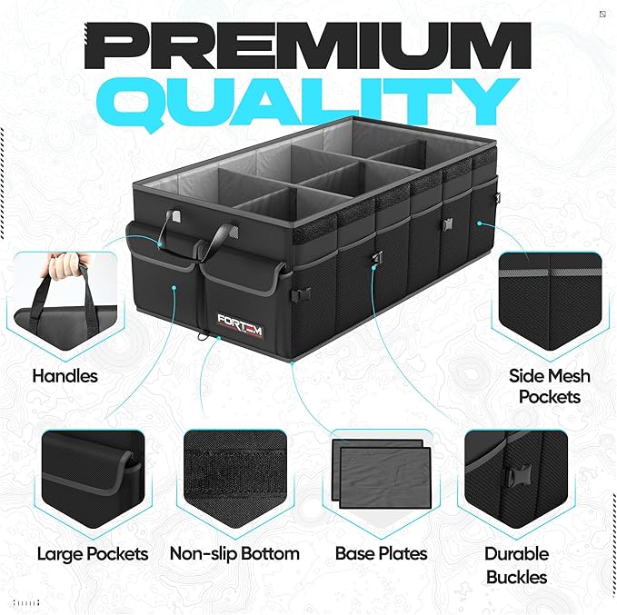 FORTEM Car Trunk Organizer, Collapsible Multi Compartment SUV Organizer, Foldable Storage for Car Accessories for Women Men, 600D Oxford, Non Slip Bottom, Securing Straps, Soft Cover (85L)
