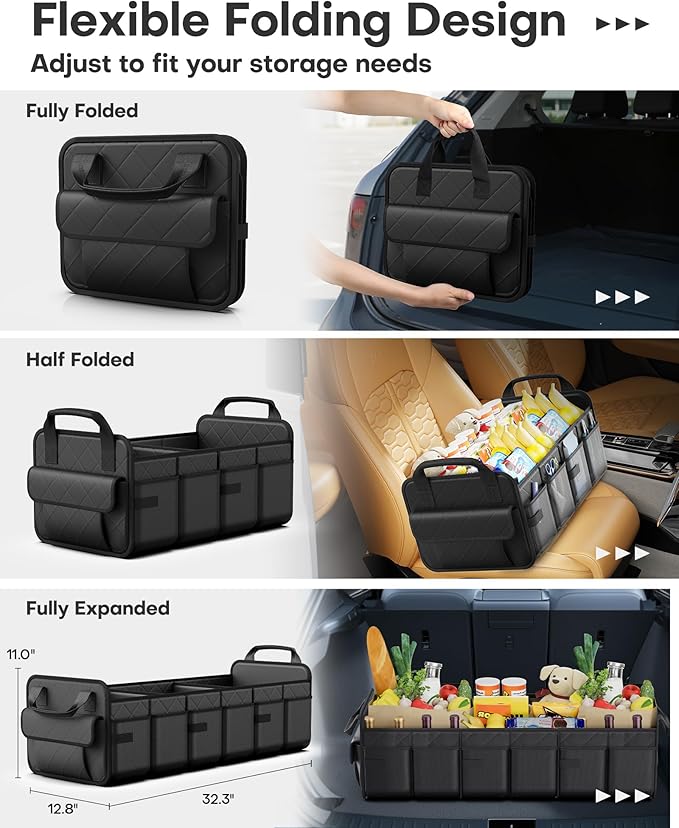 HOTOR Trunk Organizer for SUV – Foldable & Portable Car Organizers and Storage with 3 Compartments, Large Capacity Car Trunk Organizer Car Accessories for Truck Sedan, Black, 32.3" x 12.8" x 11.0"