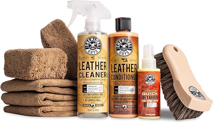 Chemical Guys Leather Cleaner and Conditioner Detailing Kit - Works on Natural, Synthetic, Faux Leather, Pleather, and More for Car Interiors, Apparel, Furniture, Boots, and Accessories - 9 Items