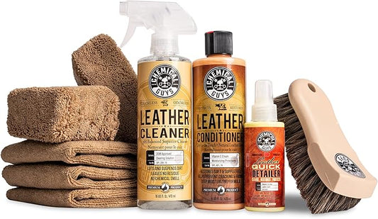 Chemical Guys Leather Cleaner and Conditioner Detailing Kit - Works on Natural, Synthetic, Faux Leather, Pleather, and More for Car Interiors, Apparel, Furniture, Boots, and Accessories - 9 Items
