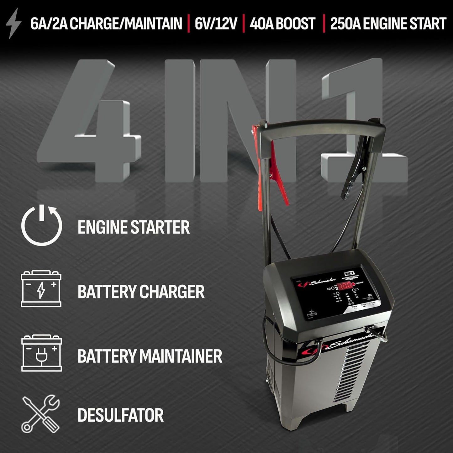 Schumacher Electric Wheeled Battery Charger and Engine Starter, SC1325, 4-in-1, Fully Automatic, 250 Amps, 40 Amp Boost Mode, 6 Volt, 12 Volt, for Car, Truck, and Marine Batteries