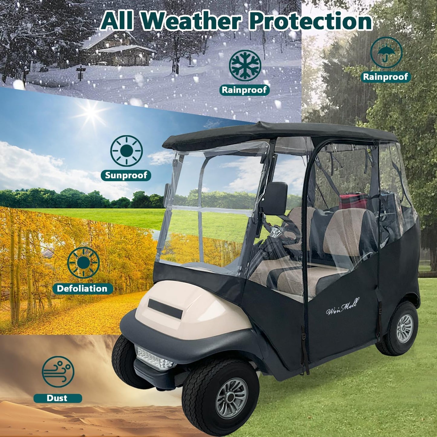 Golf Cart Enclosure 2 Passenger for Club Car Precedent Tempo Onward 2-Seater Waterproof Transparent Driving Rain Enclosure Cover with 4-Sided Clear Windows Mirror Zipper Roll-Up Door Black