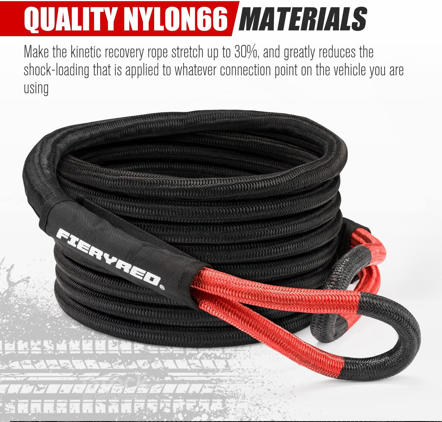 FieryRed Kinetic Energy Recovery Rope 30FT 7/8 Inch- Power Stretch Snatch Strap Vehicle Tow Rope with Reinforced Loops Protective Sleeve Tote Bag for Off-Road 4x4 ATV UTV Pickup