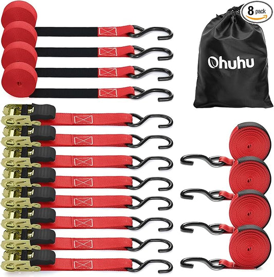Ratchet Tie Down Strap 8-Pack 15 Ft - 500 lbs Load Cap with 1500 lbs Breaking Limit, Ohuhu Ratchet Tie Downs Logistic Cargo Straps for Moving Appliances, Motorcycle (Red)