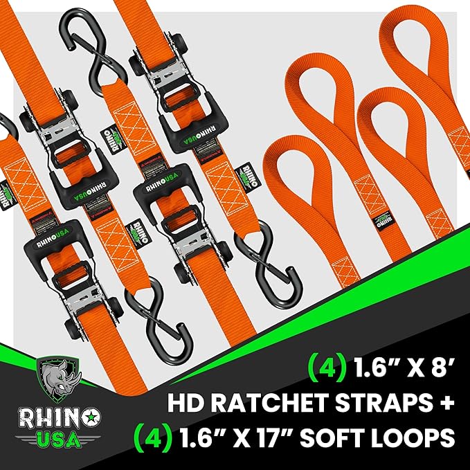 Rhino USA Ratchet Straps Heavy Duty Kit (4-Pack) - 1.6 Inch x 8 Feet Min Break Strength (5,000) - Ultimate Tie Down Straps with Safety S Hooks for Trucks, ATV, UTV, Motorcycle, Cargo & More - Red