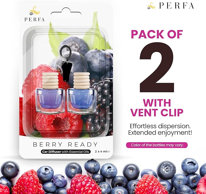 Car Air Fresheners for Women - Mixed Berries Fragrance | Pack of 2 Long Lasting Air Freshener | Odor Eliminator Car Perfume Diffuser with Essential Oils | Car Air Freshener Vent Clip by Perfa