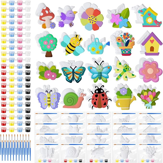 JellyArch 20 Set Spring DIY Painting Kit Ceramic to Paint Your Own Flowers Bee Snail Bird Butterfly Statues Unpainted Plaster Figurines Brushes Acrylic Paints Bags Party Favor for Adults