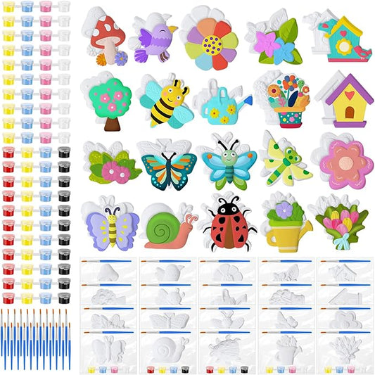 JellyArch 20 Set Spring DIY Painting Kit Ceramic to Paint Your Own Flowers Bee Snail Bird Butterfly Statues Unpainted Plaster Figurines Brushes Acrylic Paints Bags Party Favor for Adults