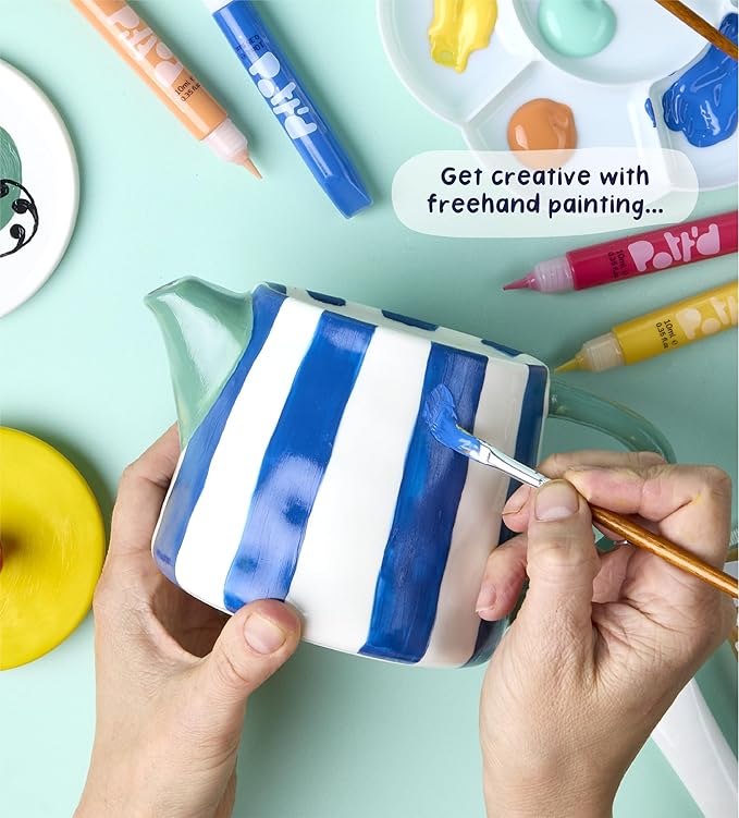 Pott’d Paintables Paint-a-Tea Set, DIY Pottery Painting Kit for Adults with Teapot, Mugs, Coasters, Paints, Brushes, Sponges, Palette and Guide, Craft Kit for Beginners and Tea Lovers