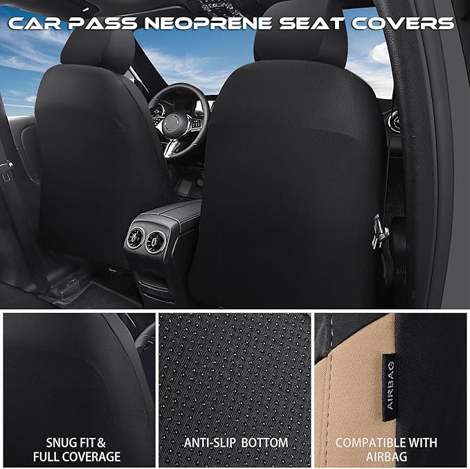 CAR PASS Waterproof Black Beige Car Seat Covers Front Seat Covers Neoprene Wetsuit,All-Weather Non-Slip Durable,Universal Fit for SUV Sedans Trucks Automotive,Airbag Compatible,3D Emboss Black Beige