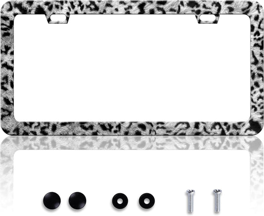 Grey Black Leopard Print License Plate Frame Cheetah License Plate Frames Personalise Stainless Steel Funny Design Compatible with Standard License Plate Holder for USA Canada 6 X 12 Inch with Screws