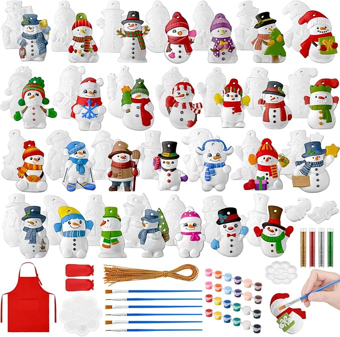TecUnite 28 Pcs Ceramic to Paint Christmas Ornament Crafts Adults Unpainted DIY Ceramic Figurines Decorate and Paint Your Own Ornaments Kits DIY Craft Xmas Holiday Activities(Snowman)