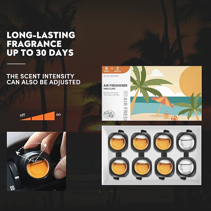 Car Air Freshener Vent Clips, 8 PK, 6 Hawaiian, 2 New Car, Car Fresheners for Men Women, Up to 240 Days, Natural Odor Eliminator