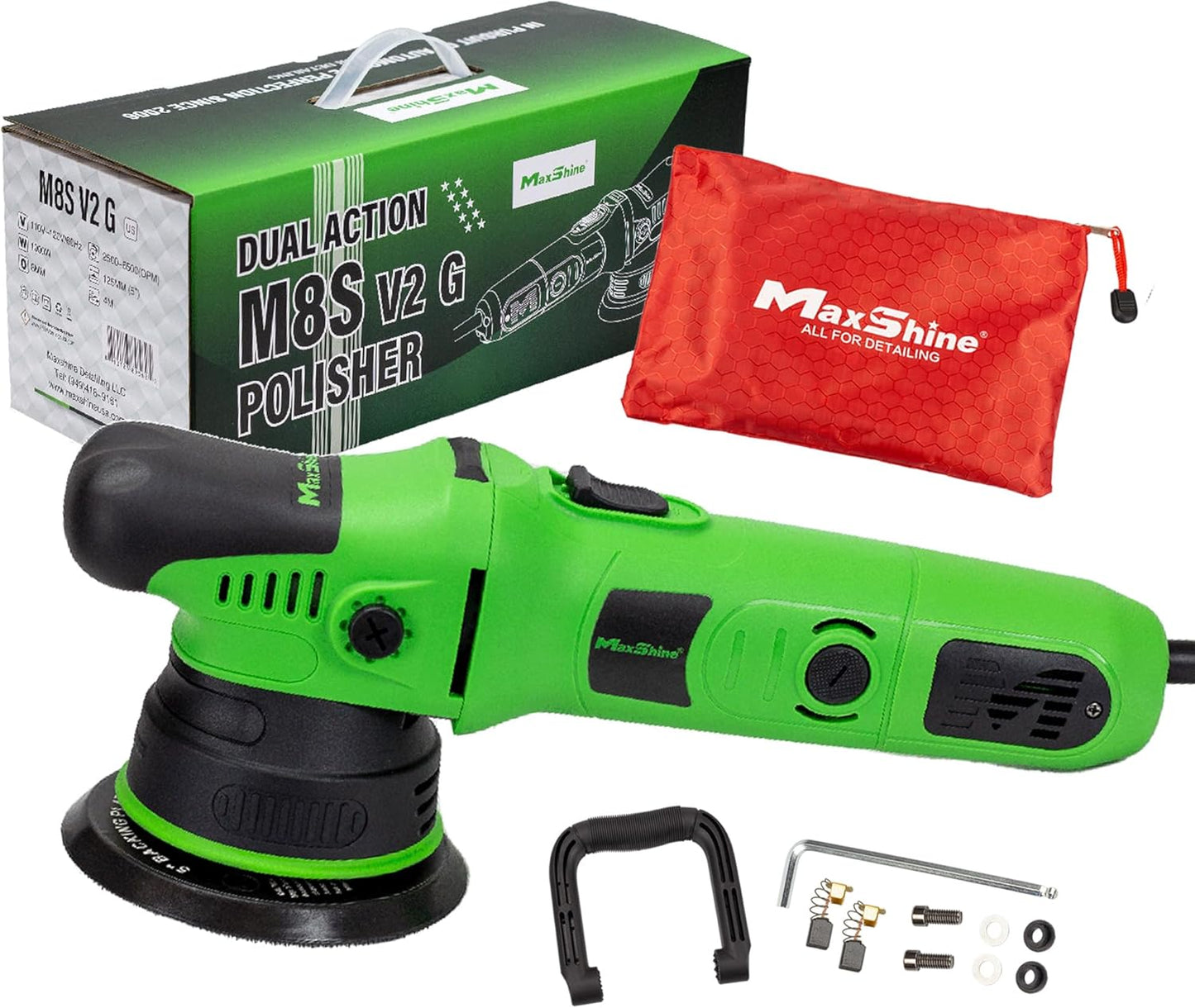 Maxshine Dual Action Polisher M8S V2 G | 8mm Throw, 5" Plate, Green, 1000W, 6500RPM, Corded Electric | 6 Variable Speeds, Ergonomic Design | Car Detailing, Scratch Removal
