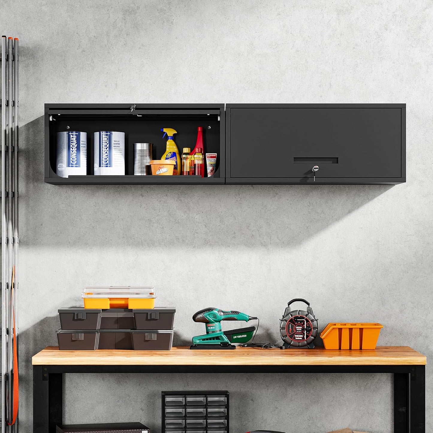 Yizosh Metal Garage Cabinet with Doors, Wall Mounted Storage Cabinet, Floating Tool Cabinet for Basement, Kitchen, Warehouse (Black, 13.7" H)