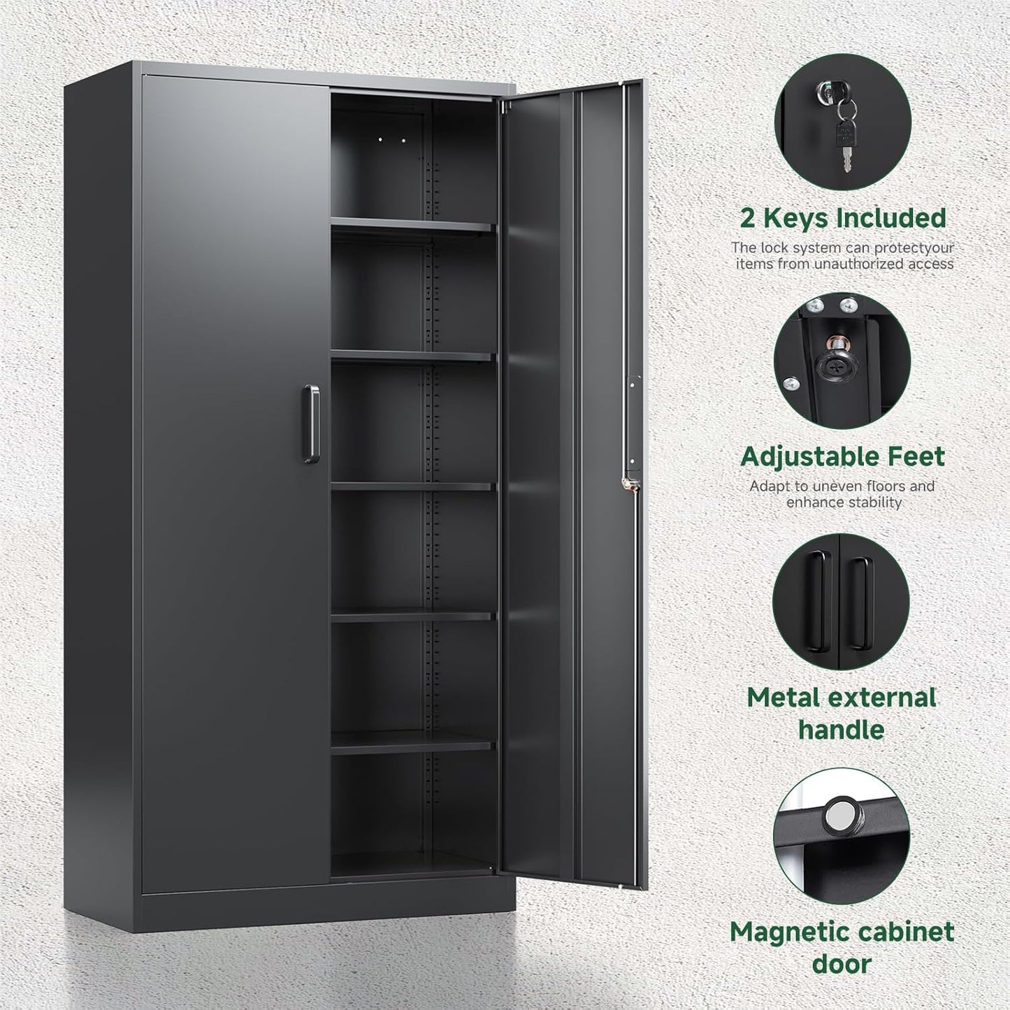 Letaya Metal Garage Storage Cabinets with Lock-72 Tall Tool Organizer Steel Lockers, 5 Adjustable Layers Shelves for Home,Office,Warehouse,Garage,(Black-72“)