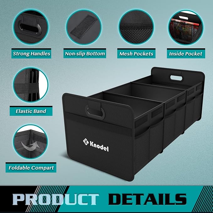 K KNODEL Car Trunk Organizer, Foldable Organizer for Car, Automotive Consoles & Organizers, 3 Compartments Storage with Reinforced Handles (Large, Black)