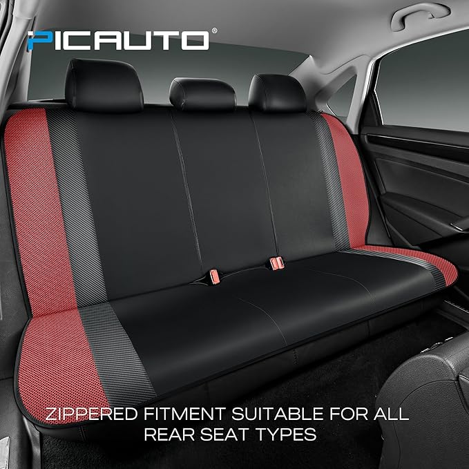 PIC AUTO Leather Car Seat Covers, Sports Carbon Fiber & Mesh Design, High-Back Full Set, Waterproof Automotive Seat Covers, Airbag Compatible, Universal Fit for Cars, SUVs, Trucks (Black & Red)