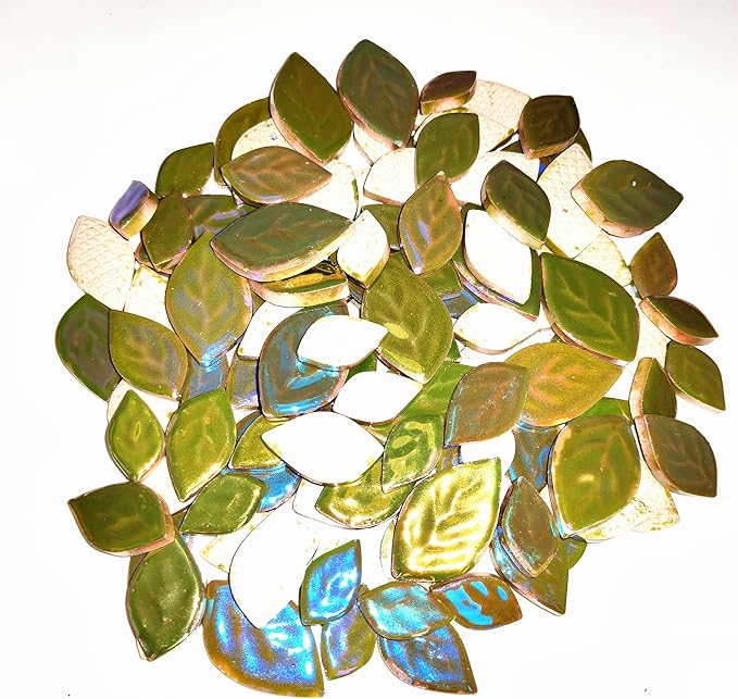 1.1LB Random Iridescent Leaves Ceramics Mosaic Tiles, Making Creative 3 Size Ceramic Mosaic Pieces for DIY Craft,Flowerpots, Vases, Cups, Garden Decor Mosaic Making Supplies (Deep Green)
