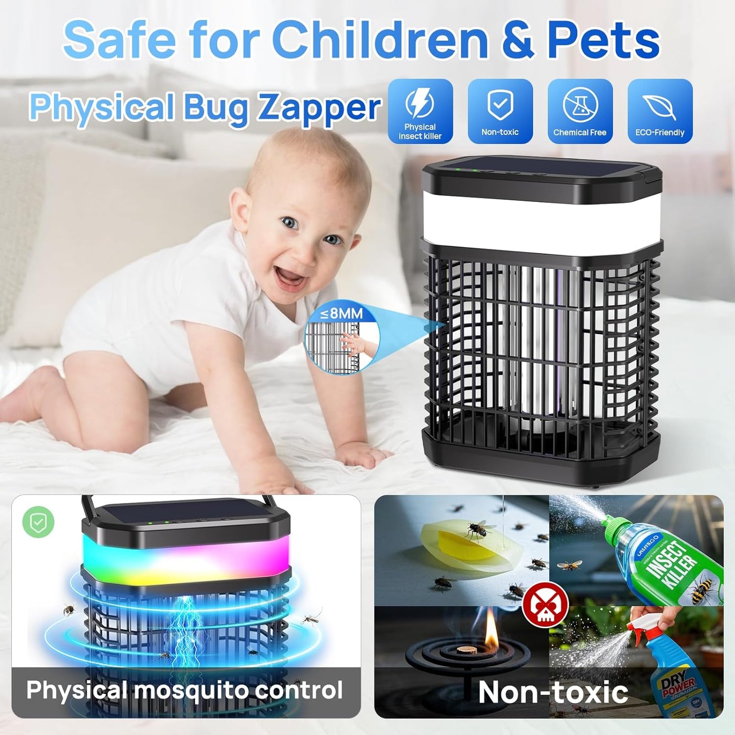 Solar Bug Zapper Outdoor 4000V Mosquito Zapper Solar 2IN1 Bug Repellent Outdoor Patio with 5500mAh Battery&LED,Electric Fly Zapper with Hook,Cordless&Rechargeable Mosquito Repellent for Patio Camping