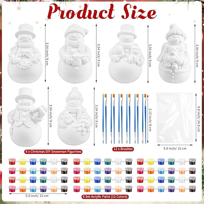 GuiZha 6 Sets Winter Christmas Ceramic to Paint DIY Snowman Plaster Paint Kit Unpainted Snowman Figurines Ready to Paint Ceramic Ornaments Christmas Crafts for Adults