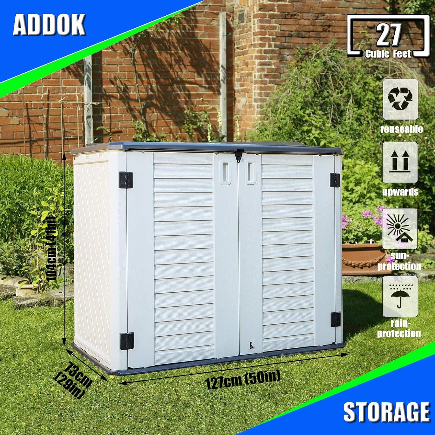 ADDOK Horizontal Storage Shed Weather Resistance, Large Outdoor Storage Cabinet Lockable, Thick HDEP Plastic Storage Unit for Backyards, Patio, Garden(26 Cu.ft/Ivory White)