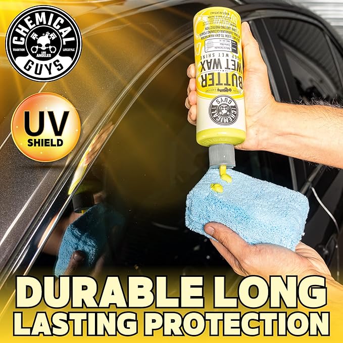 Chemical Guys Butter Wet Wax - Deep Wet Shine Car Wax for Cars, Trucks, SUVs, RVs, and More, Easy On/Off Liquid Formula, Banana Scent - 16 oz