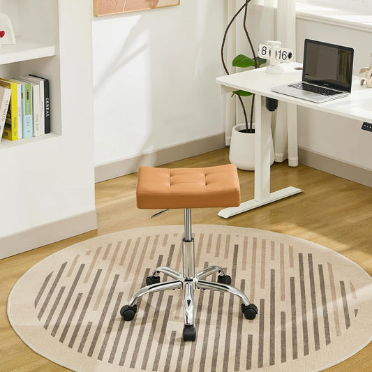 Office Stool with Wheels (300lbs Capacity) (Adjustable Height 17"-21") Brown Faux Leather Workbench Stool (Camel Brown)