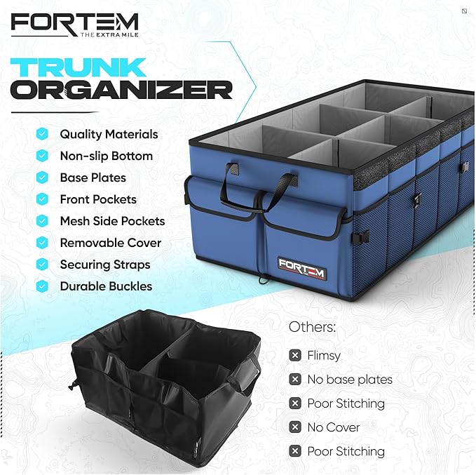 FORTEM Trunk Organizer For SUV Car Trunk Organizer, Foldable Storage, Car Accessories for Women Men, Collapsible Multi Compartment, 600D Oxford, Non Slip Bottom, Securing Straps, Soft Cover (85L)