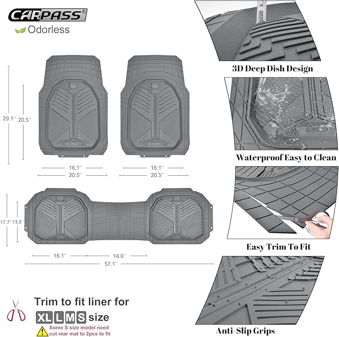 CAR PASS Heavy Duty Rubber Car Mats, Deepdish All Weather Floor Mats for Car Full Set, Universal Automotive Mats Trim to Fit for Sedans SUVs Trucks, Waterproof Anti-Slip Deep Tray 3 Pieces Dark Gray