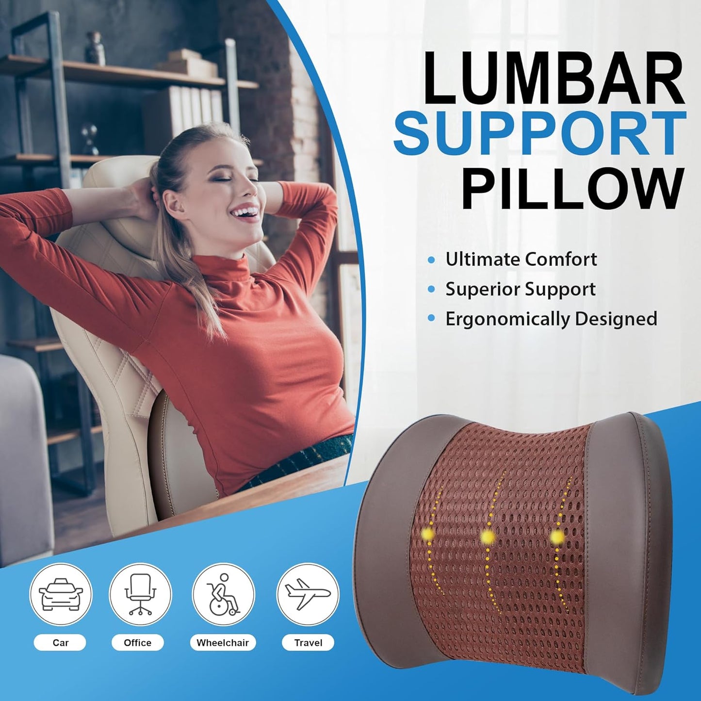 Memory Foam Lumbar Support Cushion Relieves Lower Back Pain for Car Seat, Office Chair, and Wheelchair, 4D Mesh, Brown
