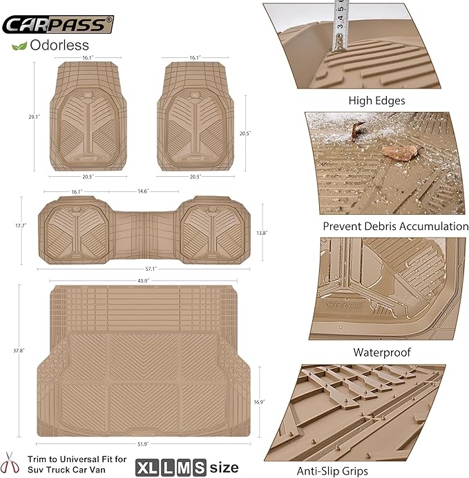 CAR PASS Heavy Duty Rubber Car Mats with Cargo Liner, Deep-Dish Car Floor Mats and Trunk Mat All Weather, Universal Trim-to-Fit for SUVs Trucks Sedans, Waterproof Anti-Slip, Trimmable V12 Beige