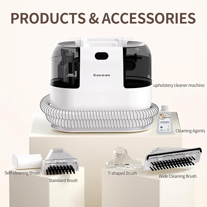 COCEAN Multi-Purpose Portable Carpet and Upholstery Cleaner, Carpet Cleaner Machine Powerful Suction Spot Cleaning, Deep Stain Cleaning for Carpet, Car Seats, Pets, Couches, with BrushHead (White)